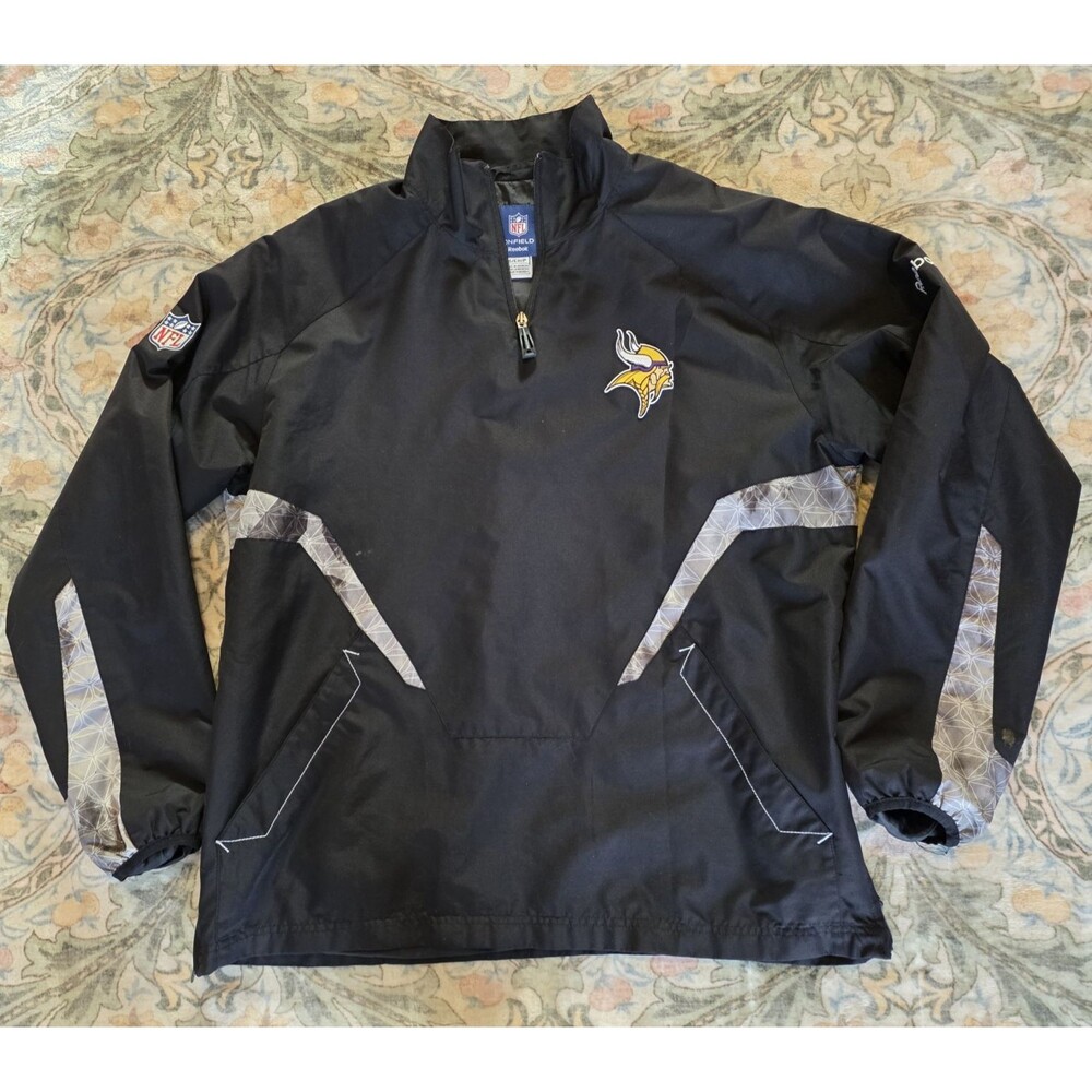 NFL Reebok On Field Minnesota Vikings Mens S Pullover Windbreaker Pockets Black